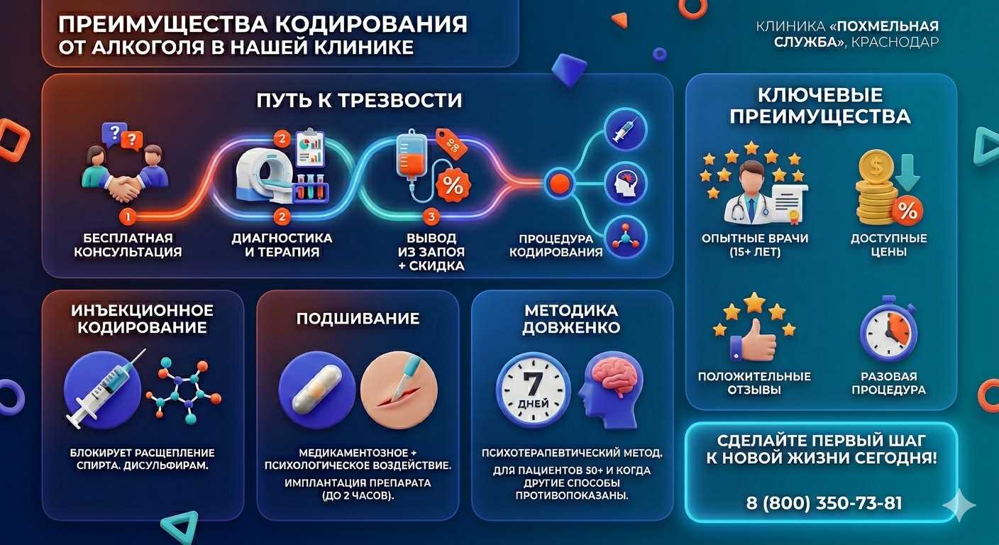 Инфографика о методах кодирования от алкоголя в Усть-Лабинске: инъекции, подшивание, метод Довженко. Преимущества клиники и этапы лечения.