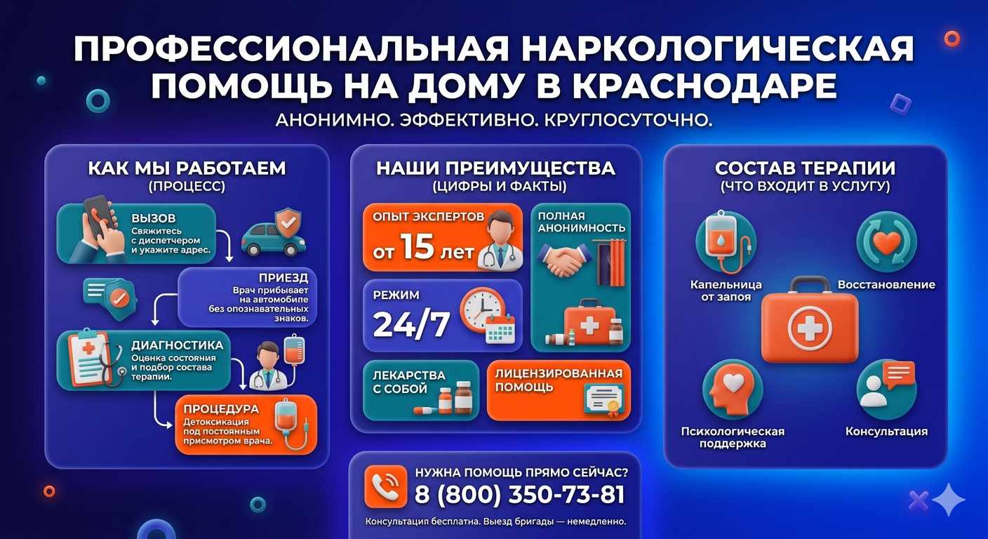 Инфографика о принципах лечения алкоголизма на дому в Усть-Лабинске: этапы вызова нарколога, преимущества анонимной детоксикации и состав медицинской помощи.